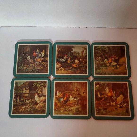 Vtg Set 6 English Life Farmhouse Rooster Chickens Hens Chicks Cork Coasters UK - Picture 6 of 6